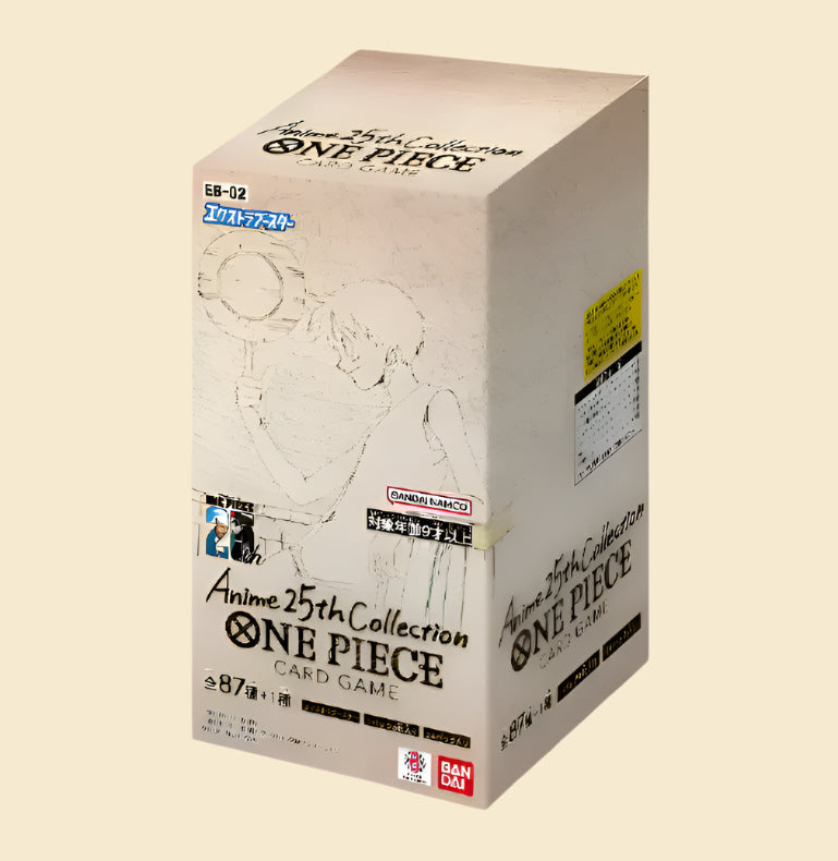 Beige cardboard box with world map contured and Luffy in the middle sitting and spinning his straw hat on one finger.