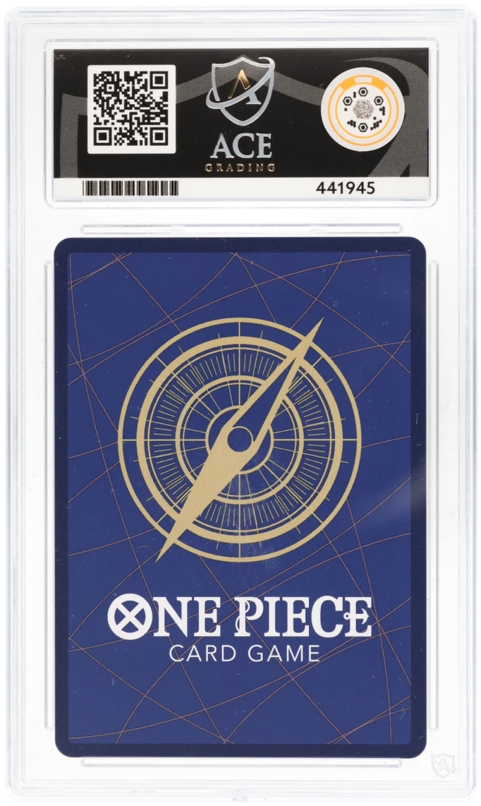 One Piece card game card with Ace logo and QR code on a blue background