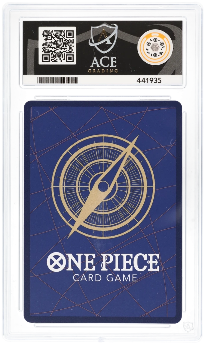 One Piece card game card with Ace logo and QR code on a blue background