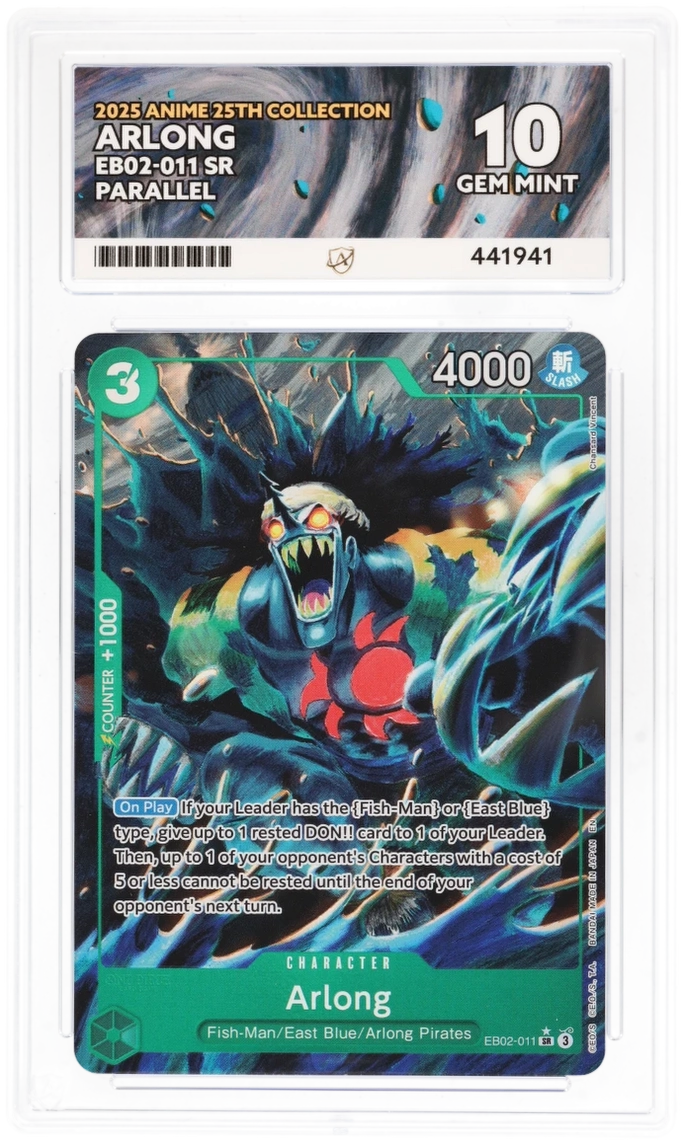 Trading card featuring a character with a blue and green color scheme on a white background