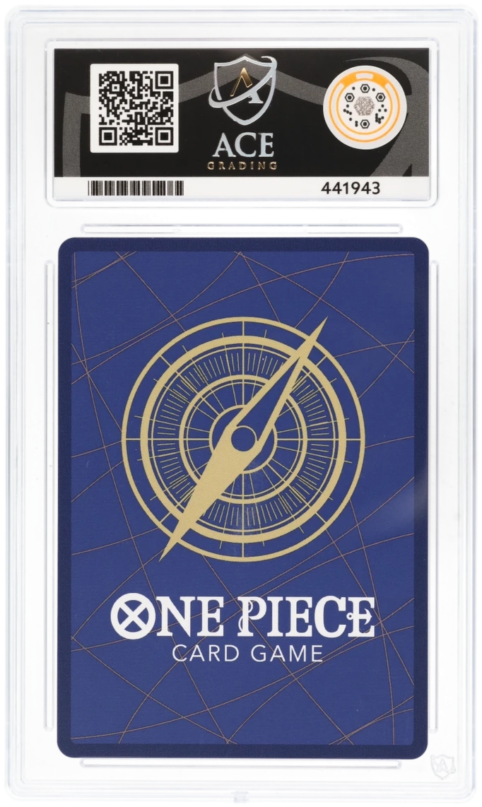 One Piece card game card with Ace logo and QR code on a blue background