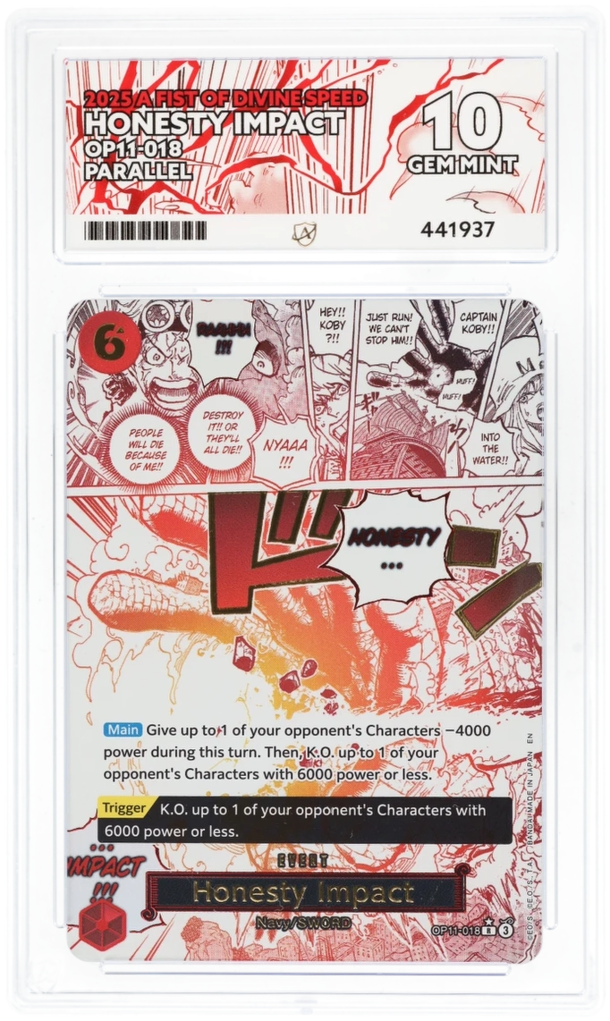 Trading card with red and black design on a white background