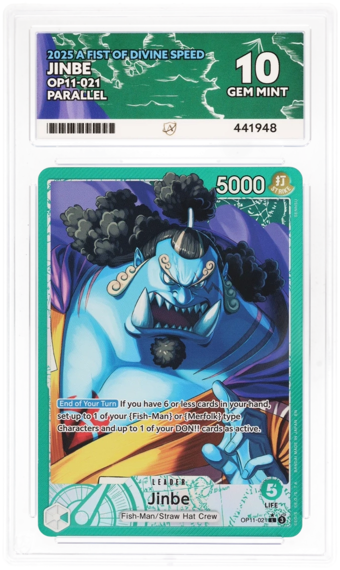 Trading card featuring a character with blue hair and a green border