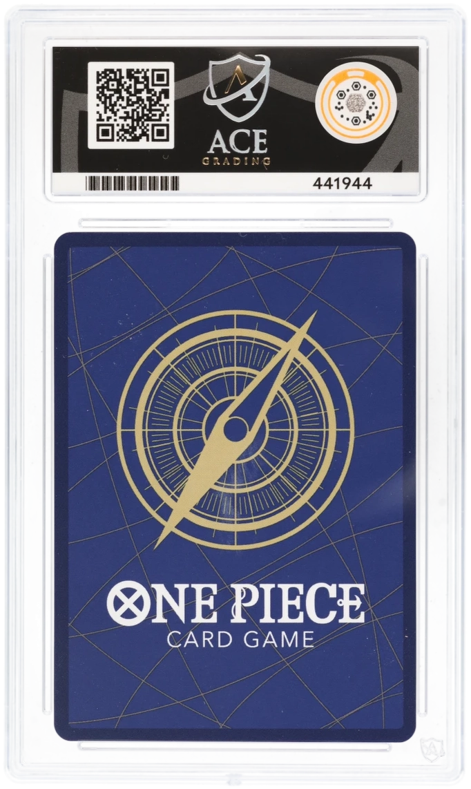 One Piece card game card with Ace logo and QR code on a blue background