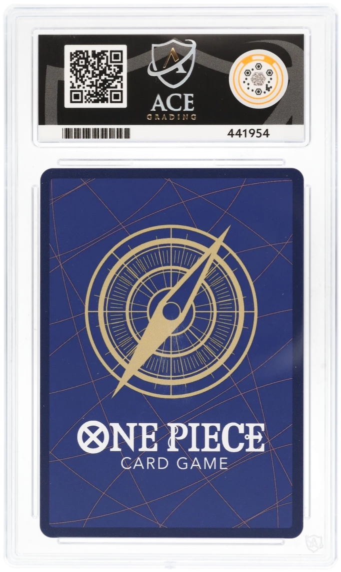 One Piece card game card with Ace Gaming logo and QR code on a blue background