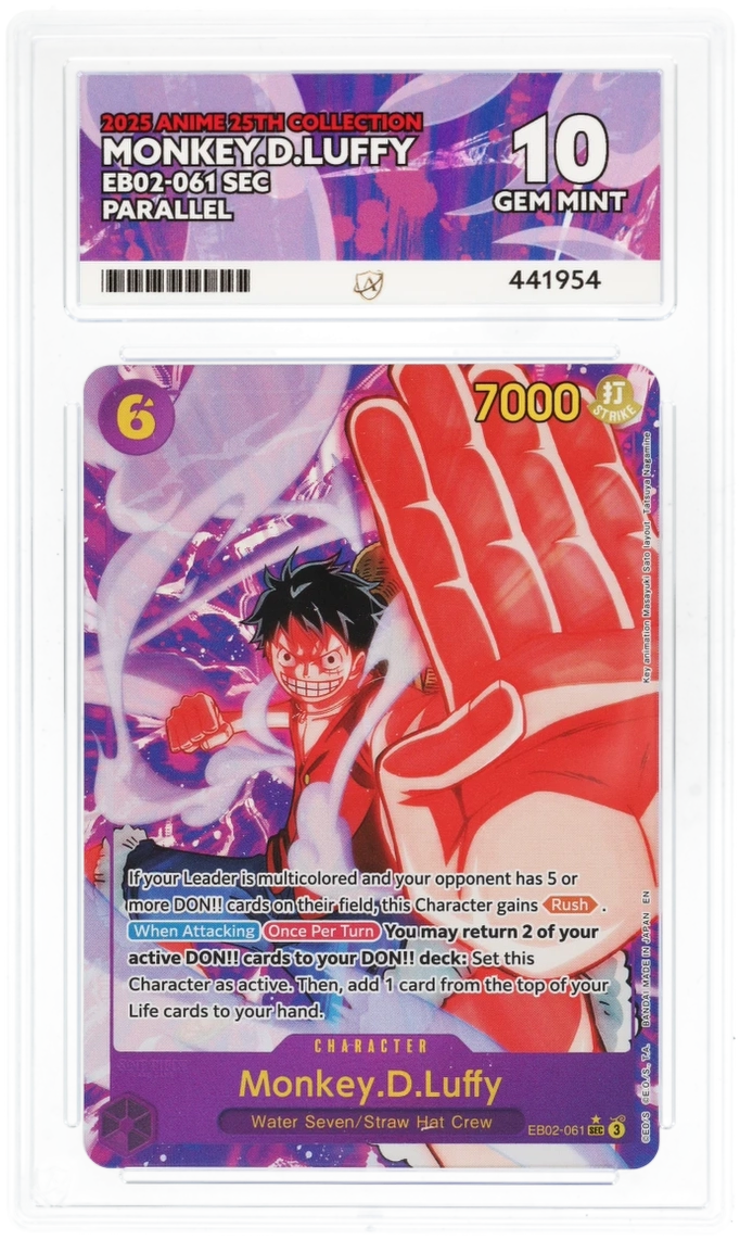 Trading card featuring Monkey D. Luffy from 'One Piece' with a red glove and purple background.