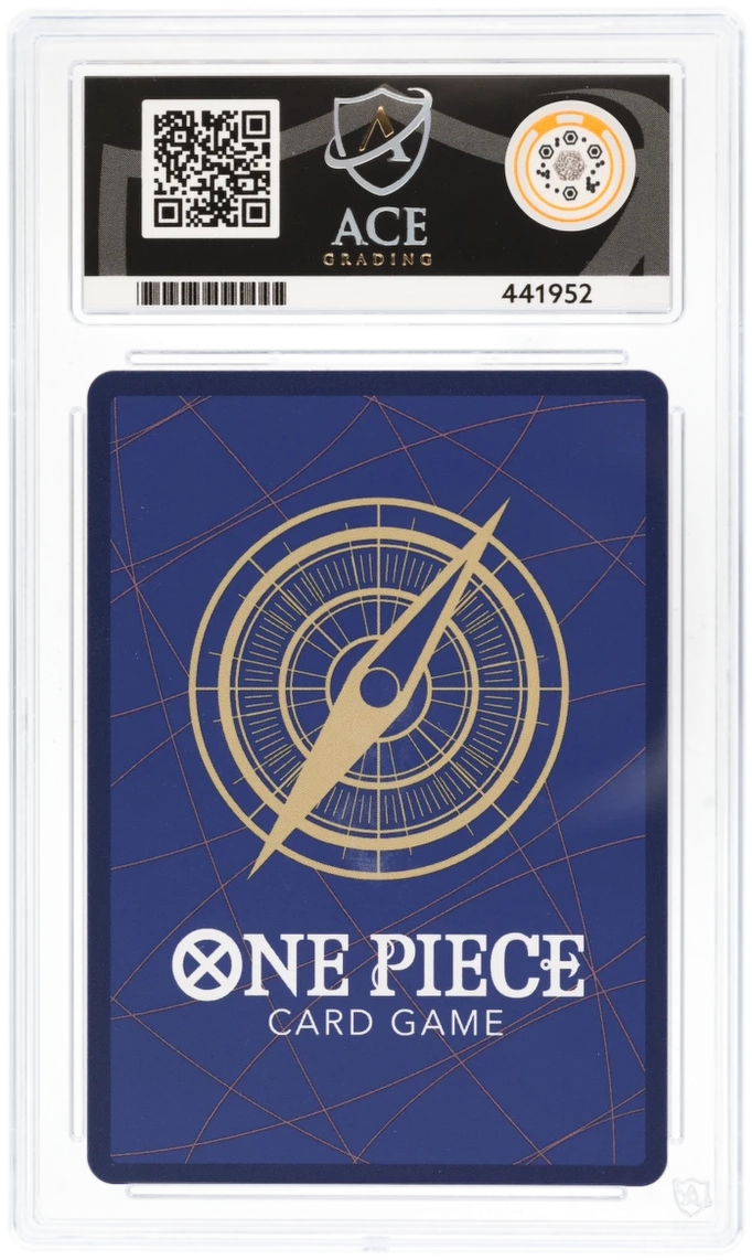 One Piece card game card with Ace logo and QR code on a blue background