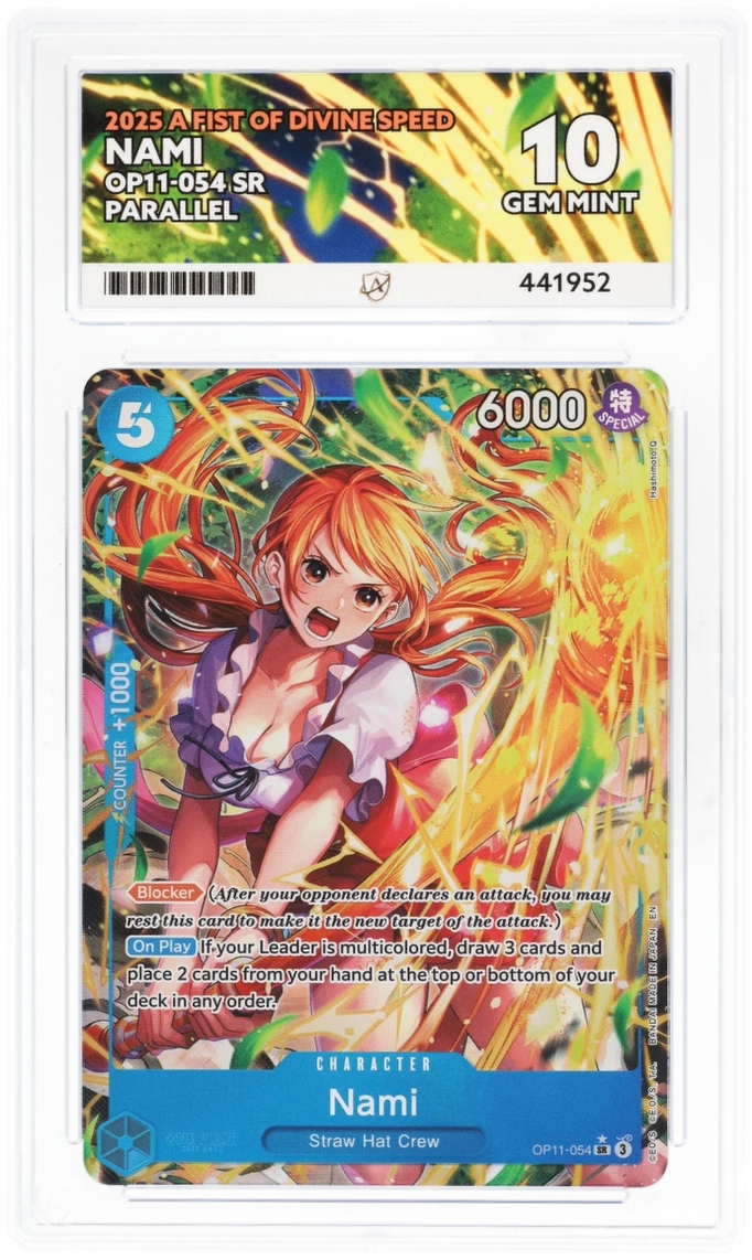 Trading card featuring a character with colorful hair and outfit, with text and numbers on a white background.