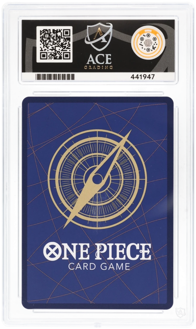 One Piece card game card with Ace logo and QR code on a blue background