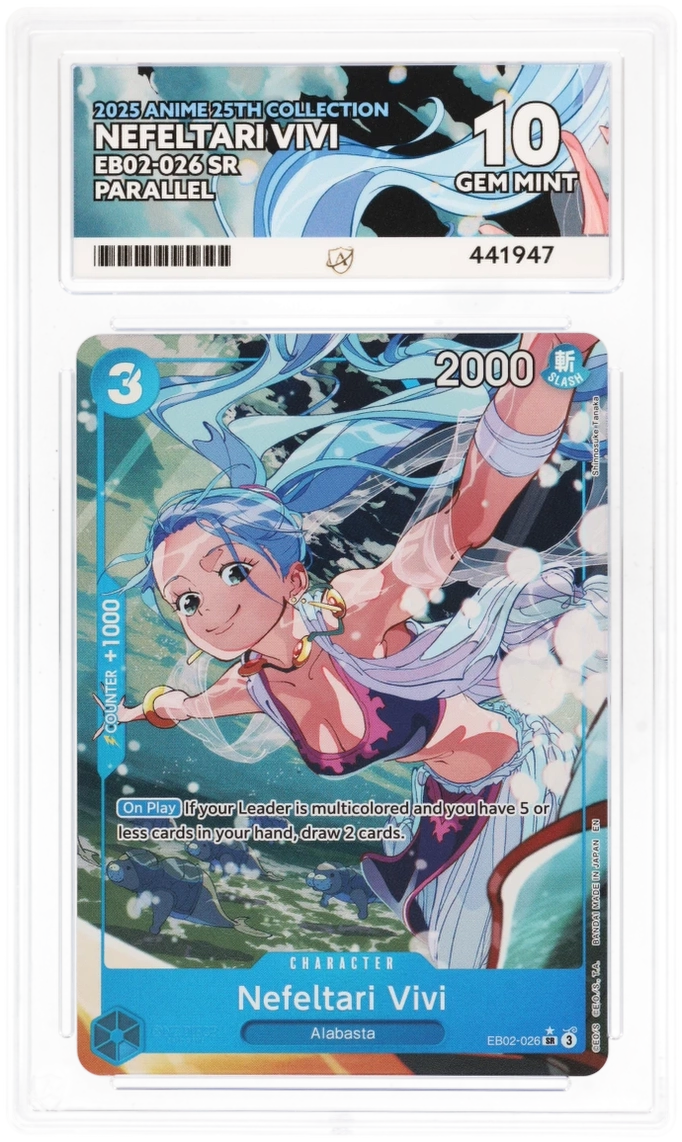Trading card featuring Nefeltari Vivi with blue hair and a colorful design, encased in protective packaging.