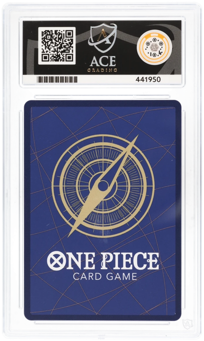 One Piece card game card with Ace logo and QR code on a blue background