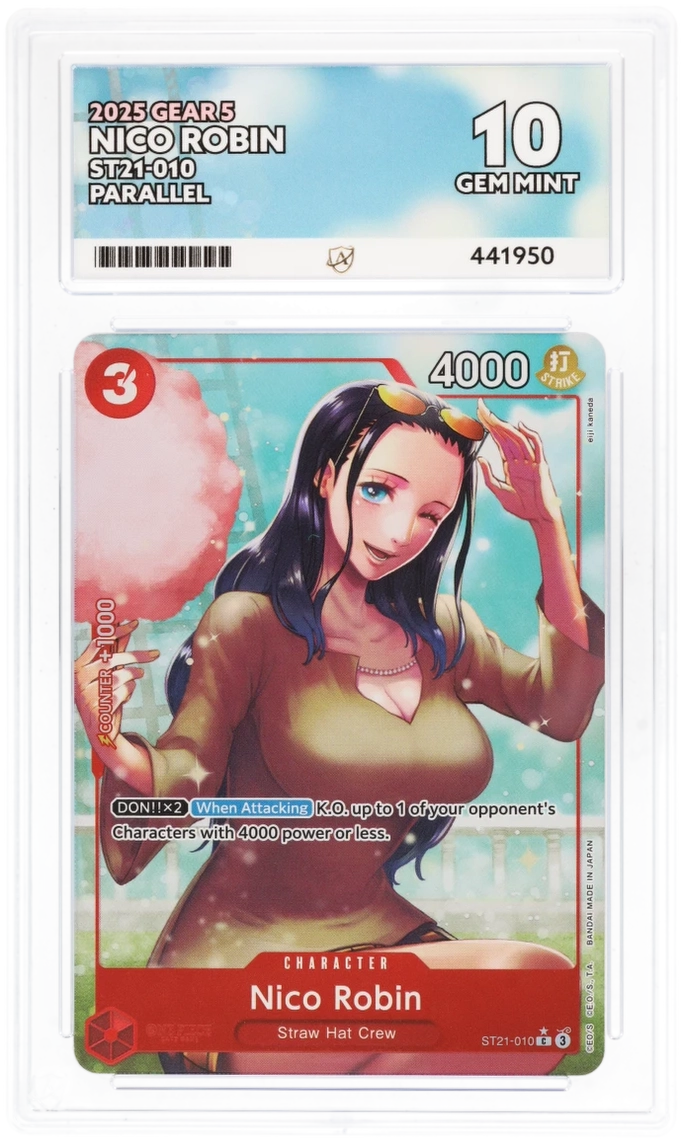Trading card featuring Nico Robin from 'One Piece' with a blue sky and cloud background.