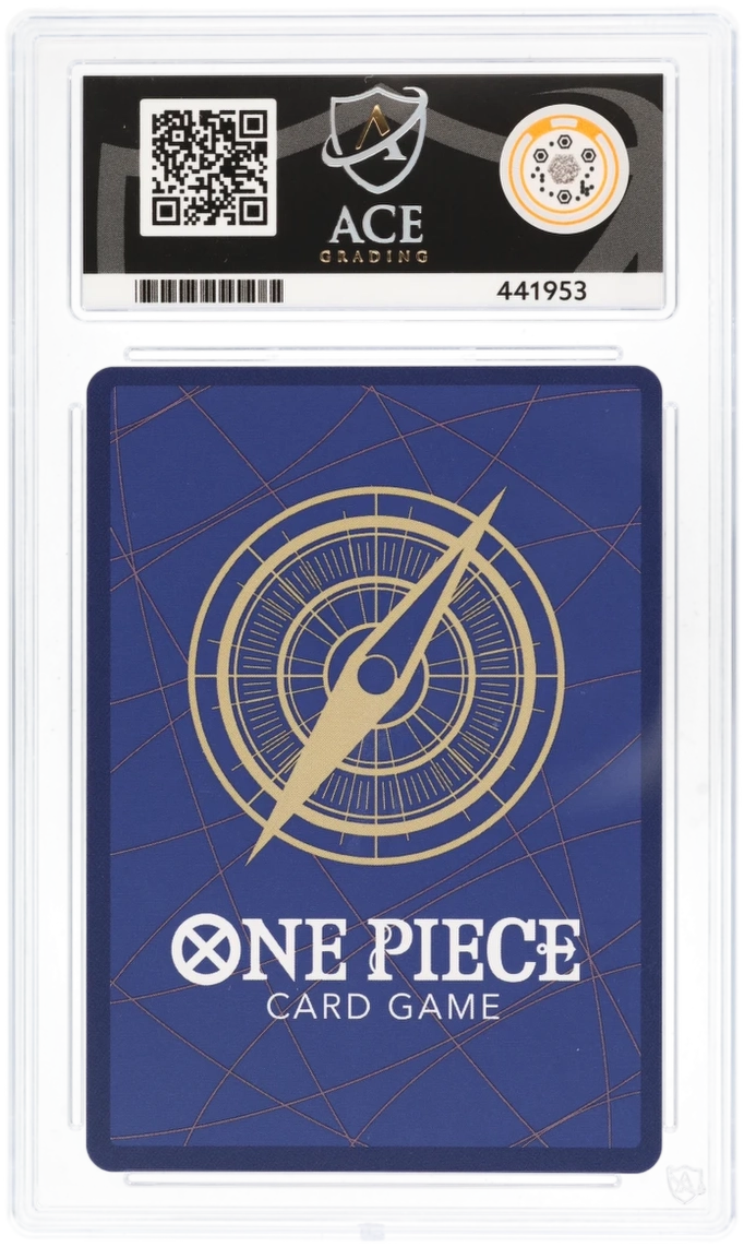 One Piece card game card with Ace branding and QR code on a clear protective sleeve.