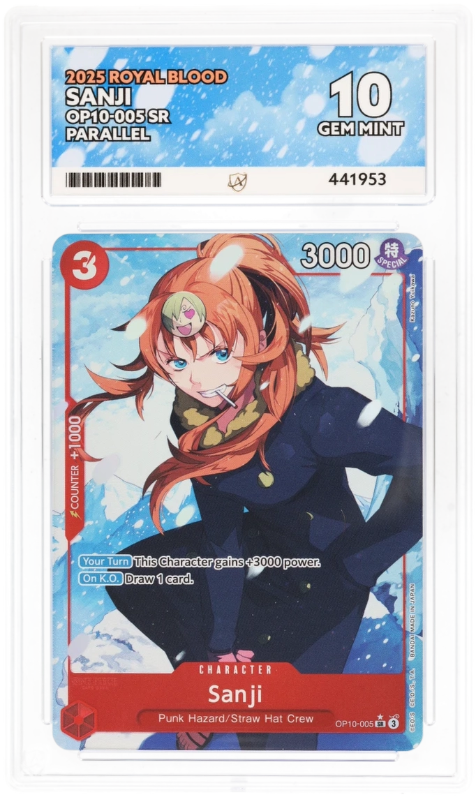 Card featuring an animated character with red hair and a blue outfit on a white background