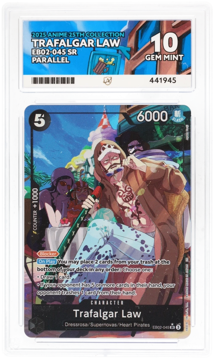 Trading card featuring Trafalgar Law from 'One Piece' with collectible details.